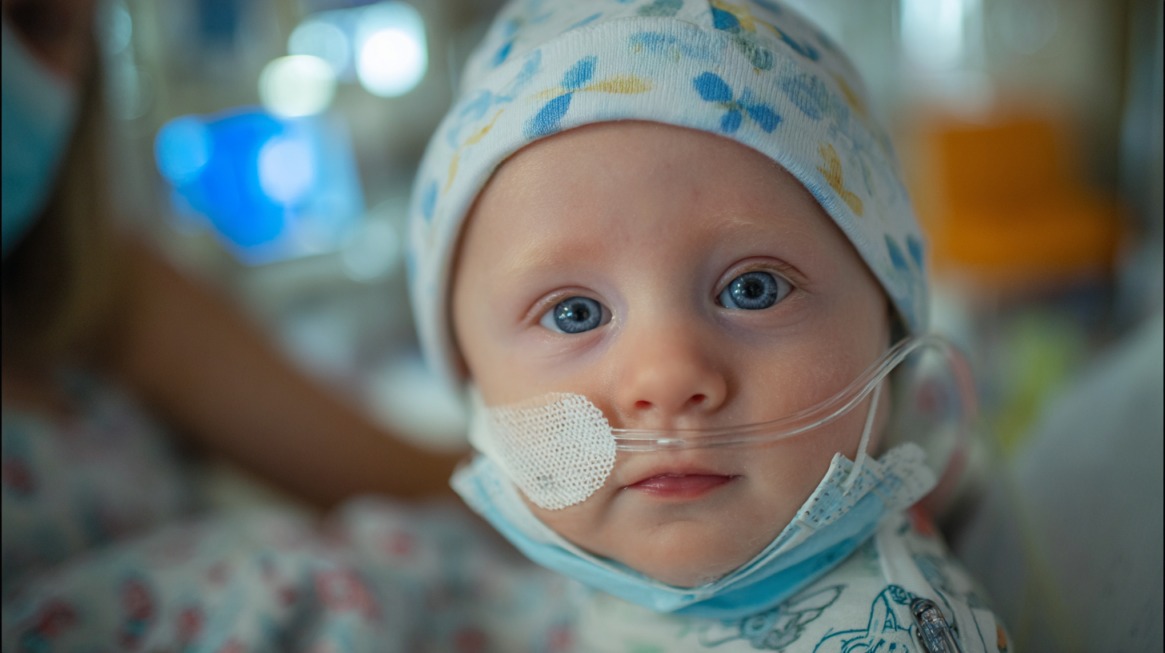 Close-up of an infant in a hospital setting wearing a patterned hat and nasal oxygen tube, looking directly at the camera