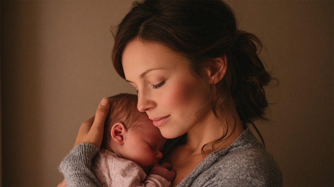 A mother tenderly holds her newborn baby close to her chest, eyes closed in a calm and loving moment against a softly lit background