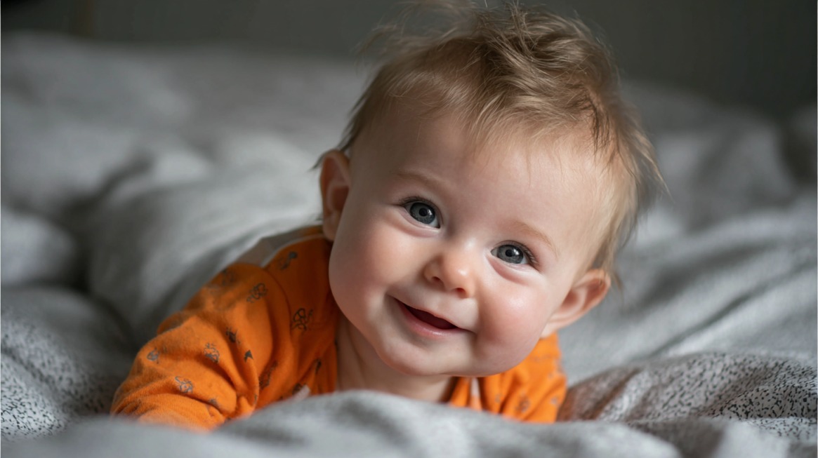 A smiling baby lying on a soft gray blanket, wearing an orange onesie with small patterns, looking up toward the camera