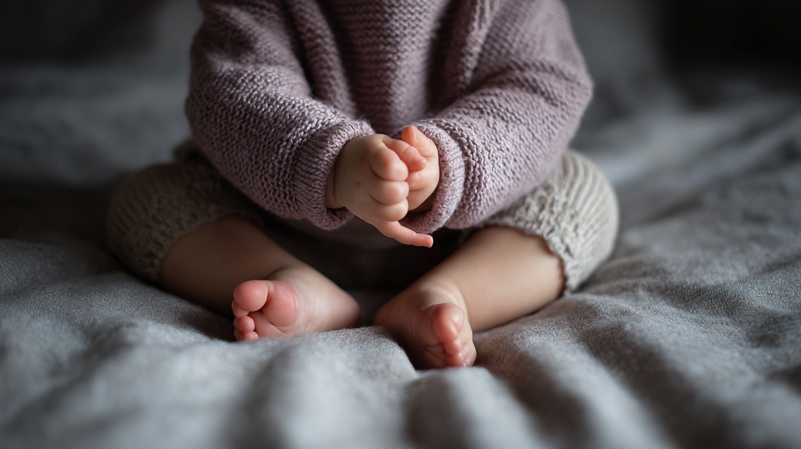 Close-up of a baby sitting on a soft blanket, wearing a knitted sweater and pants, with small hands clasped together and bare feet visible