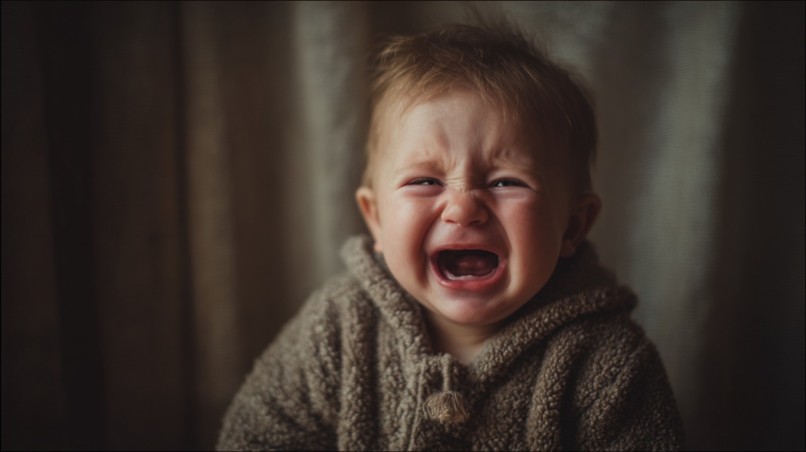 A crying baby wearing a soft brown hoodie, sitting indoors with a curtain background