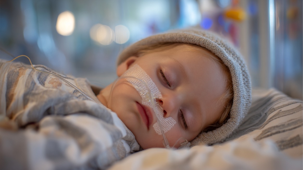Sleeping infant wearing a knit hat, resting on a hospital bed with a nasal oxygen tube and soft medical tape on the cheek