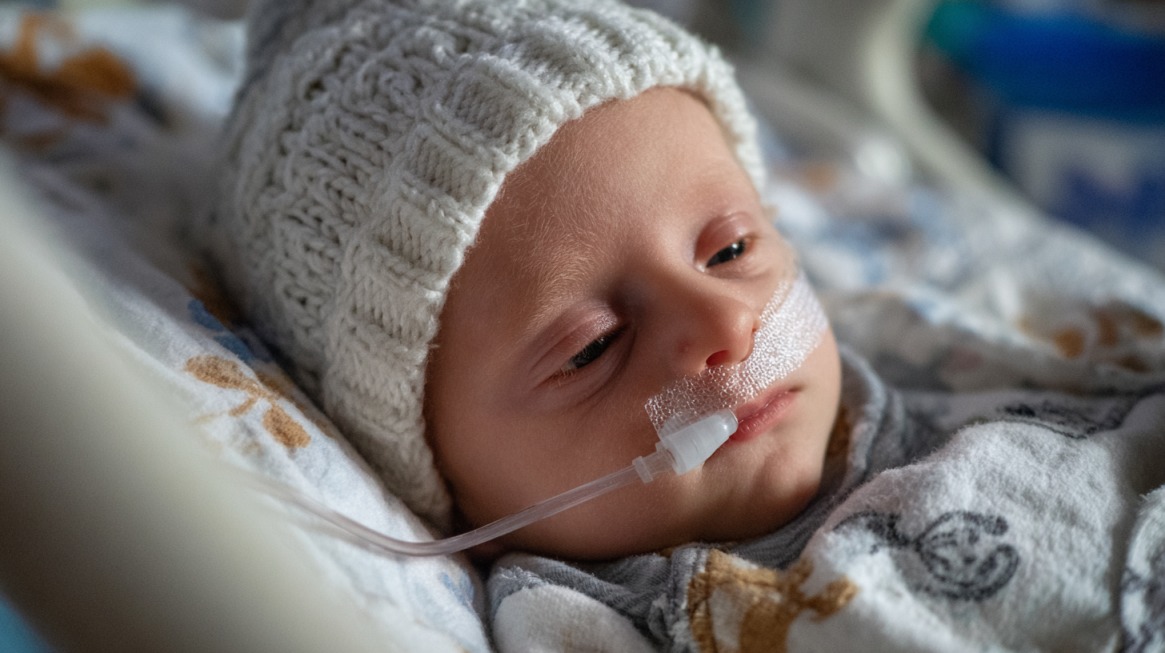 Close-up of an infant lying in a hospital bed wearing a knitted hat and nasal feeding tube, appearing calm and resting