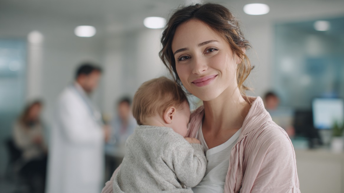 A smiling woman holding a baby in her arms inside a bright medical clinic, with a doctor and other people blurred in the background