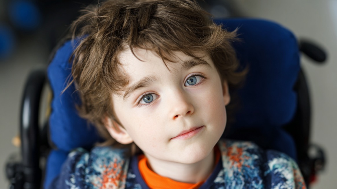 A young child with blue eyes and brown hair looks calmly at the camera while sitting in a supportive chair, wearing a patterned sweater