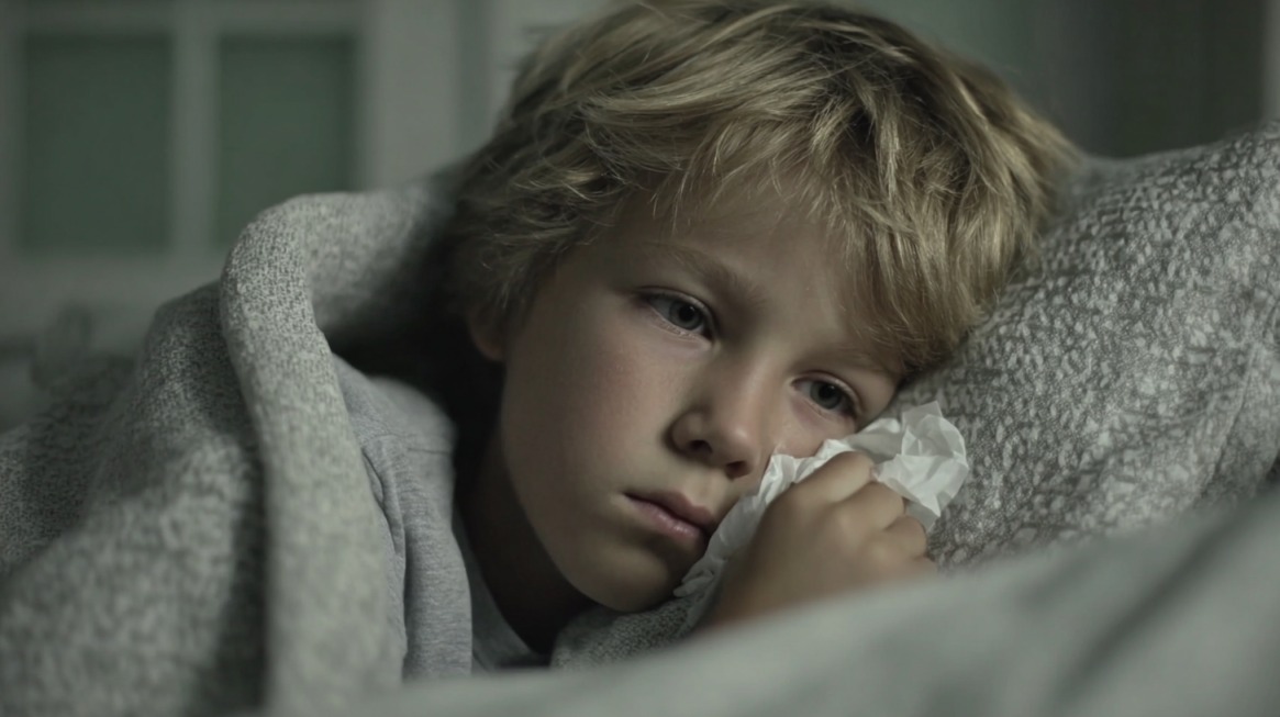 A young child with light hair lying in bed under a gray blanket, holding a tissue and looking tired or unwell