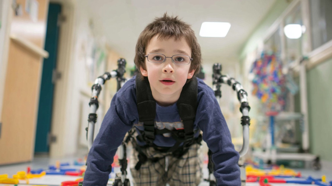 A young boy with glasses using a robotic mobility aid during physical therapy in a brightly lit rehabilitation center