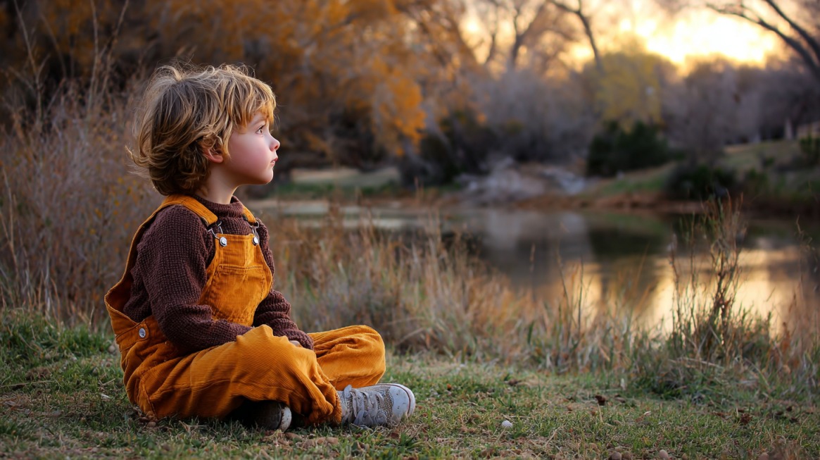 Young child sitting on grass near a calm pond surrounded by autumn trees
