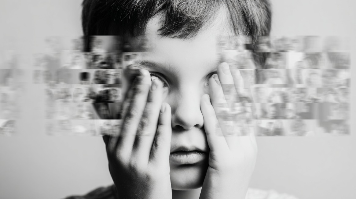 Child holding their face with blurred overlapping images across the eyes