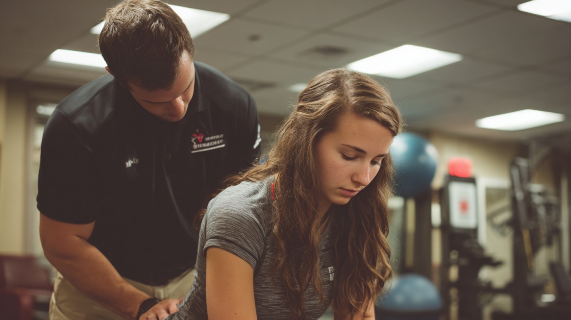 Physical therapist assisting a patient with posture and movement in a clinic