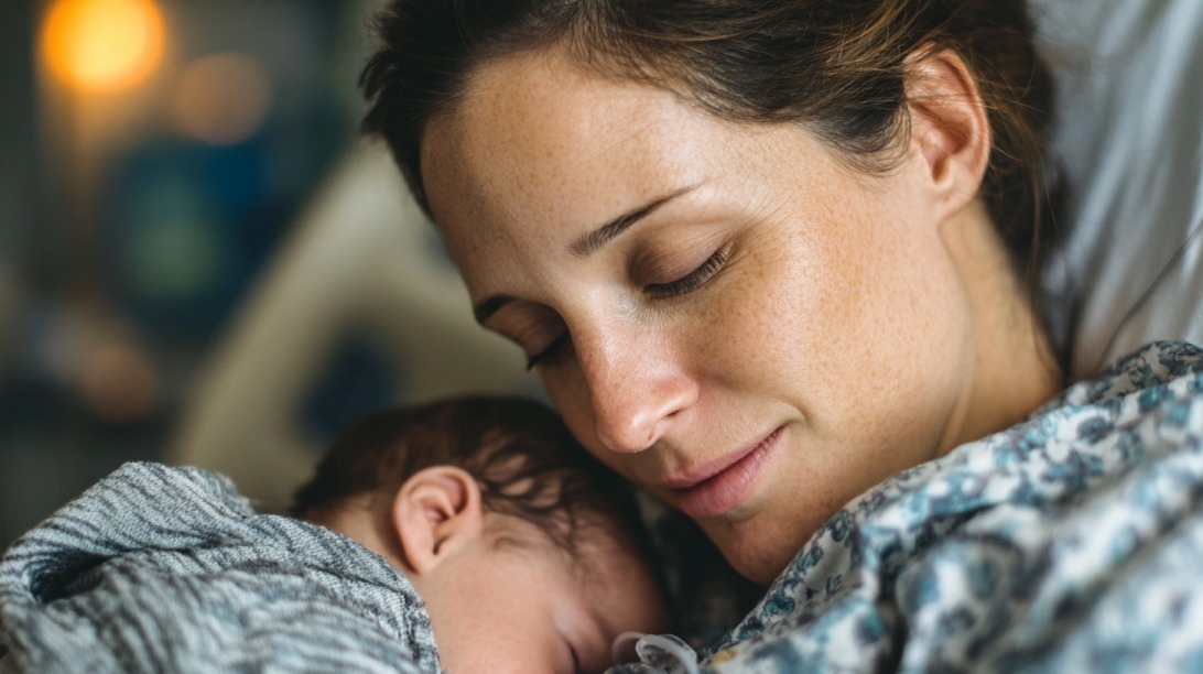 Close up of a woman in a hospital bed gently cuddling a sleeping newborn against her chest