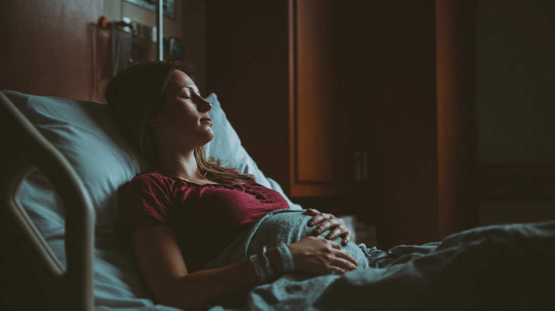 Woman lying in a hospital bed with eyes closed, wearing a hospital wristband and resting her hands on her abdomen