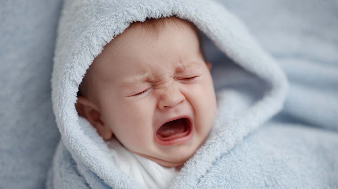 Close up of a baby in a light blue hooded towel crying with eyes closed and mouth open