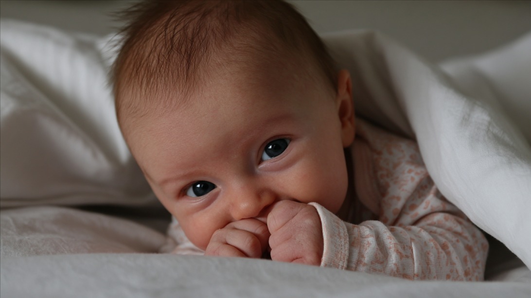 Close up of a newborn baby lying under a white blanket with hands near their mouth
