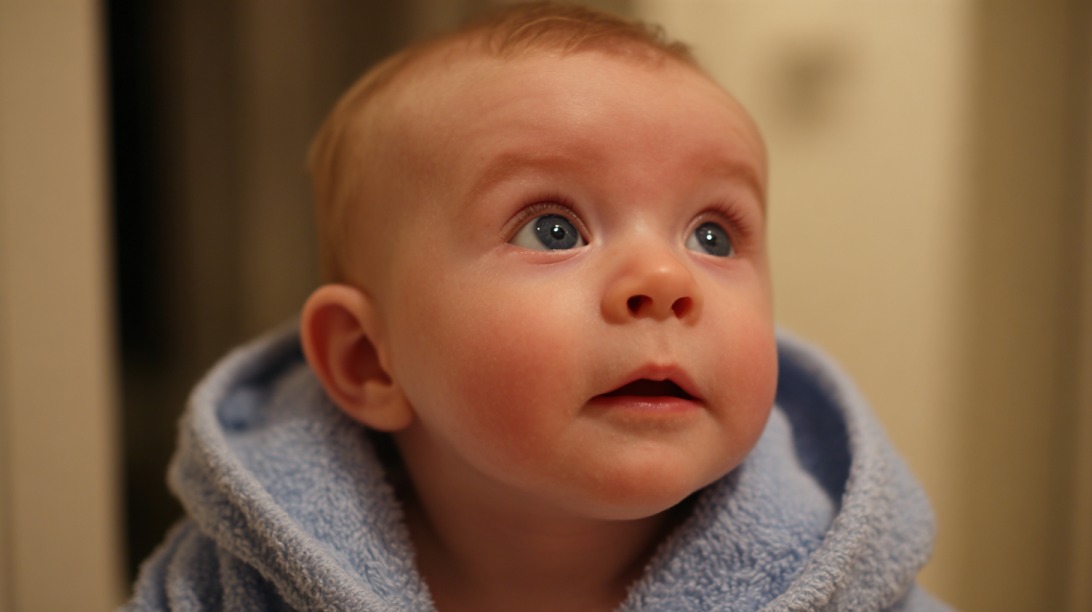 Close up of a baby with wide eyes wearing a blue hooded towel and looking upward