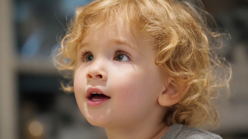 Three-year-old child talks with a curious expression indoors