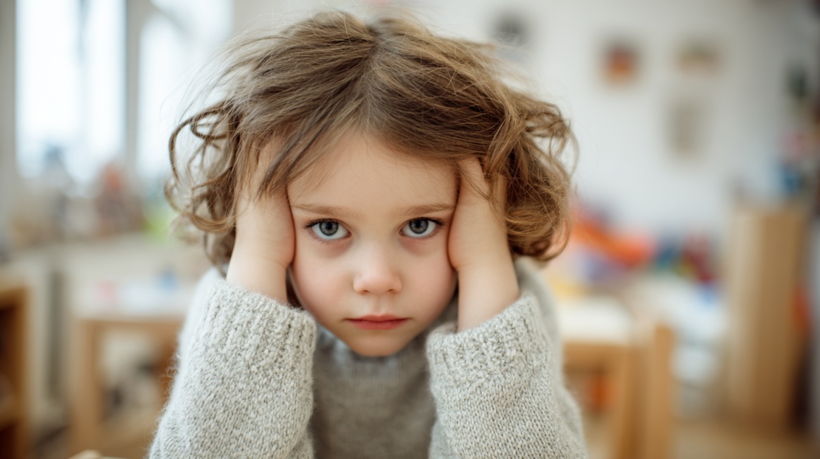 Young child with hands on head showing a serious or overwhelmed expression