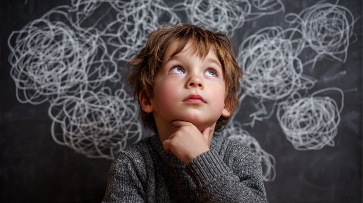 A young child looking upward thoughtfully with hand on chin, sitting in front of a chalkboard filled with scribbles