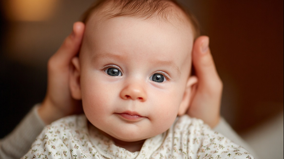 Baby with hands gently supporting the head, illustrating neck position related to torticollis