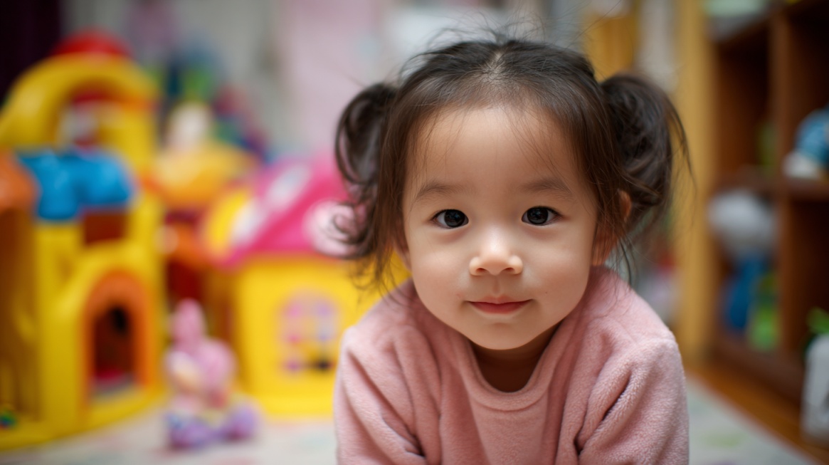 A young child with pigtails looking directly at the camera, sitting indoors surrounded by colorful toys