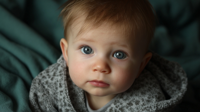 6-month-old baby looking at the camera with focused attention and alert expression