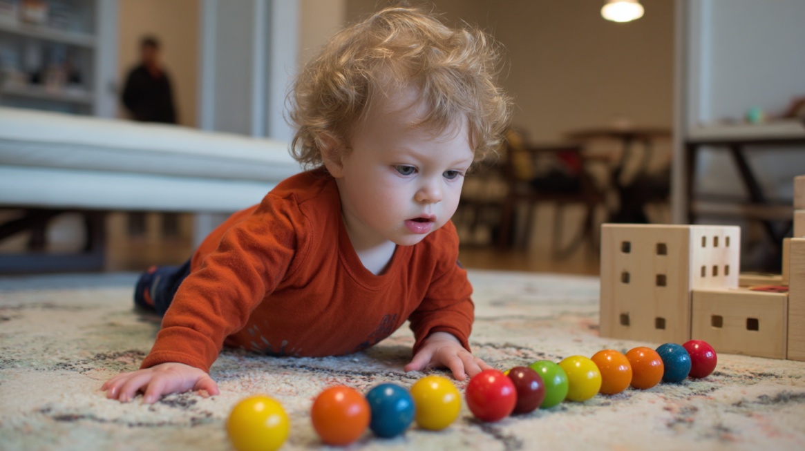 Young child lying on the floor reaching toward a row of colorful balls