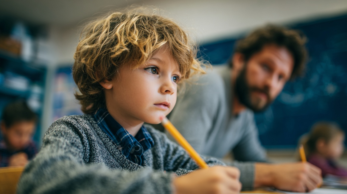 Student writing in classroom with teacher observing in background