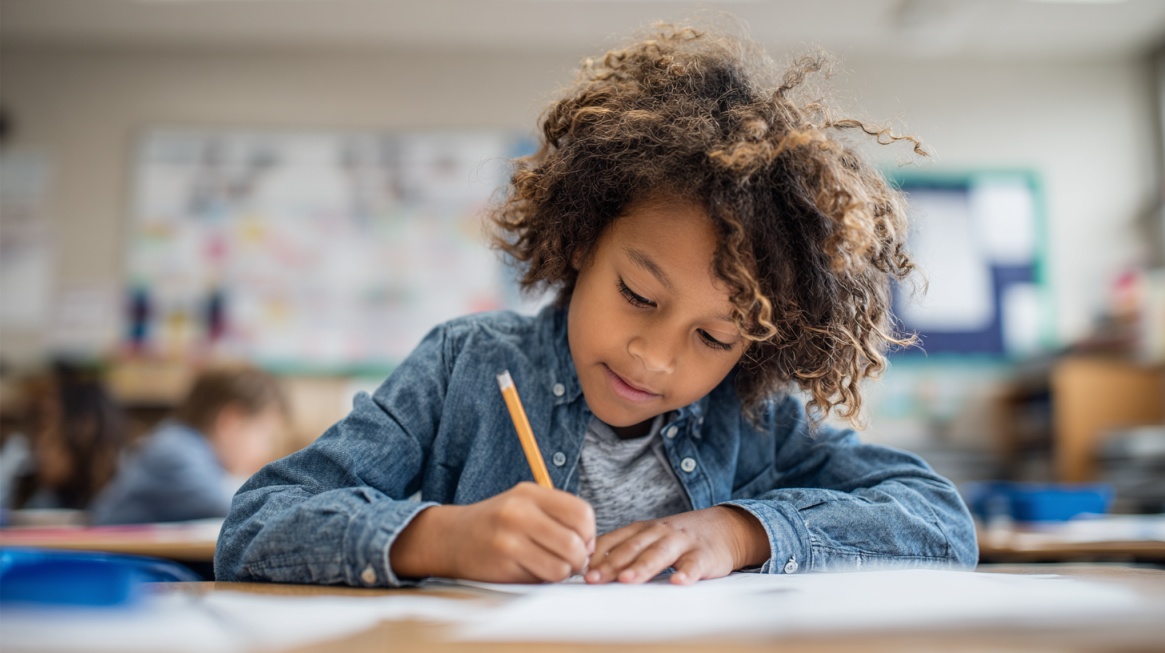 Student writing at a desk in a classroom setting
