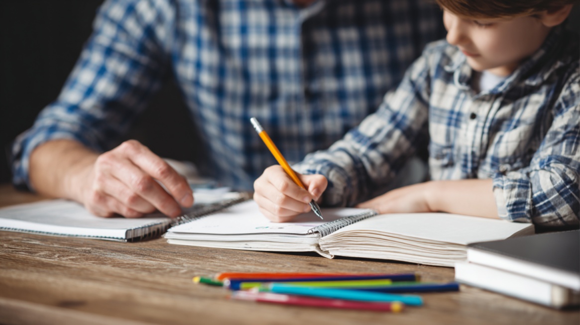 Child writing in a notebook with adult guidance at a table