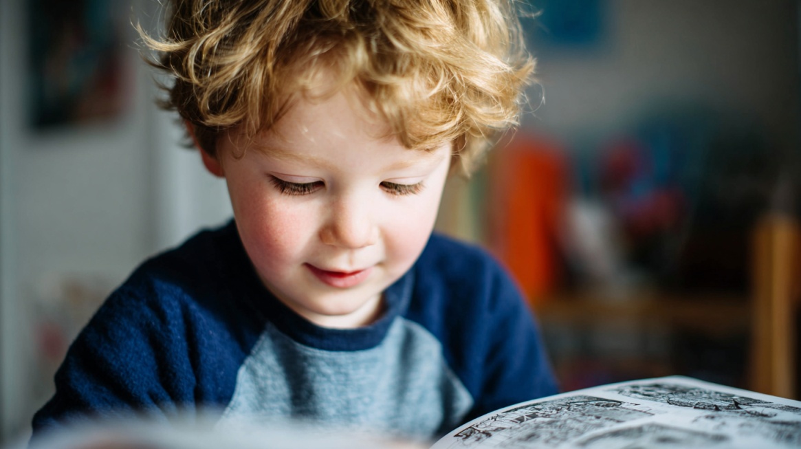 Close-up of a smiling child looking down at an open book, engaged and focused while reading