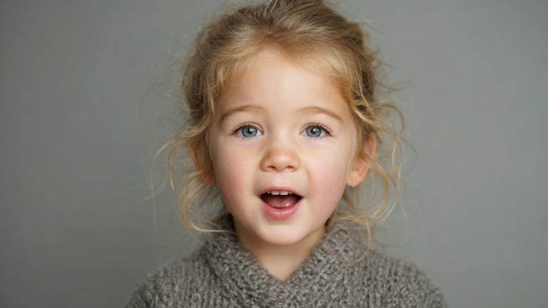 Three-year-old child speaks clearly with mouth open and looking forward