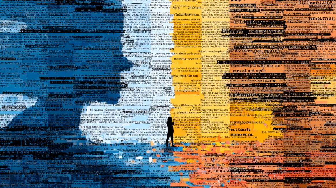 Abstract illustration showing transition between decoding and encoding with text and silhouette