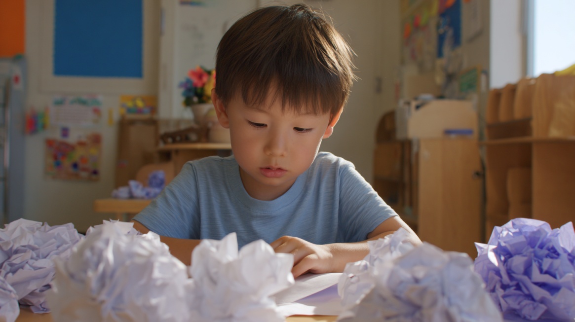 Child sitting at a table with paper, surrounded by crumpled sheets while focusing on writing or drawing