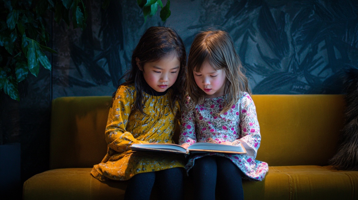 Two children sitting together reading a book on a couch