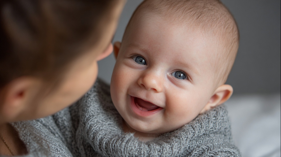 Smiling baby making eye contact with a caregiver