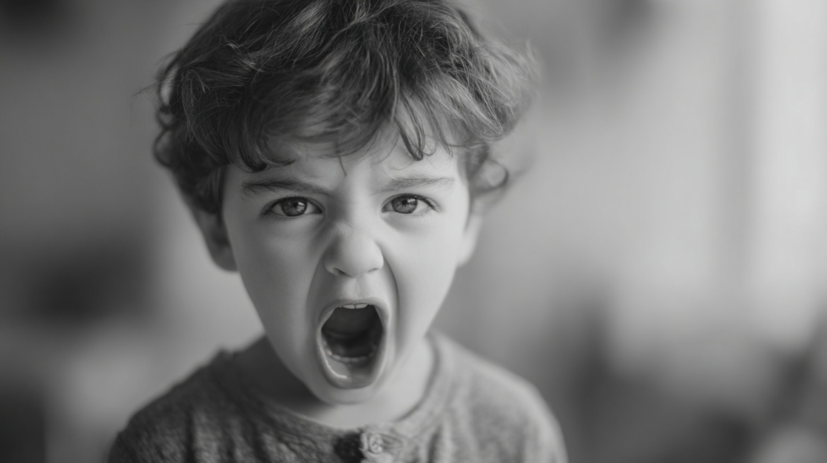 A young child in black and white expressing strong emotion with an open mouth, appearing to shout or cry