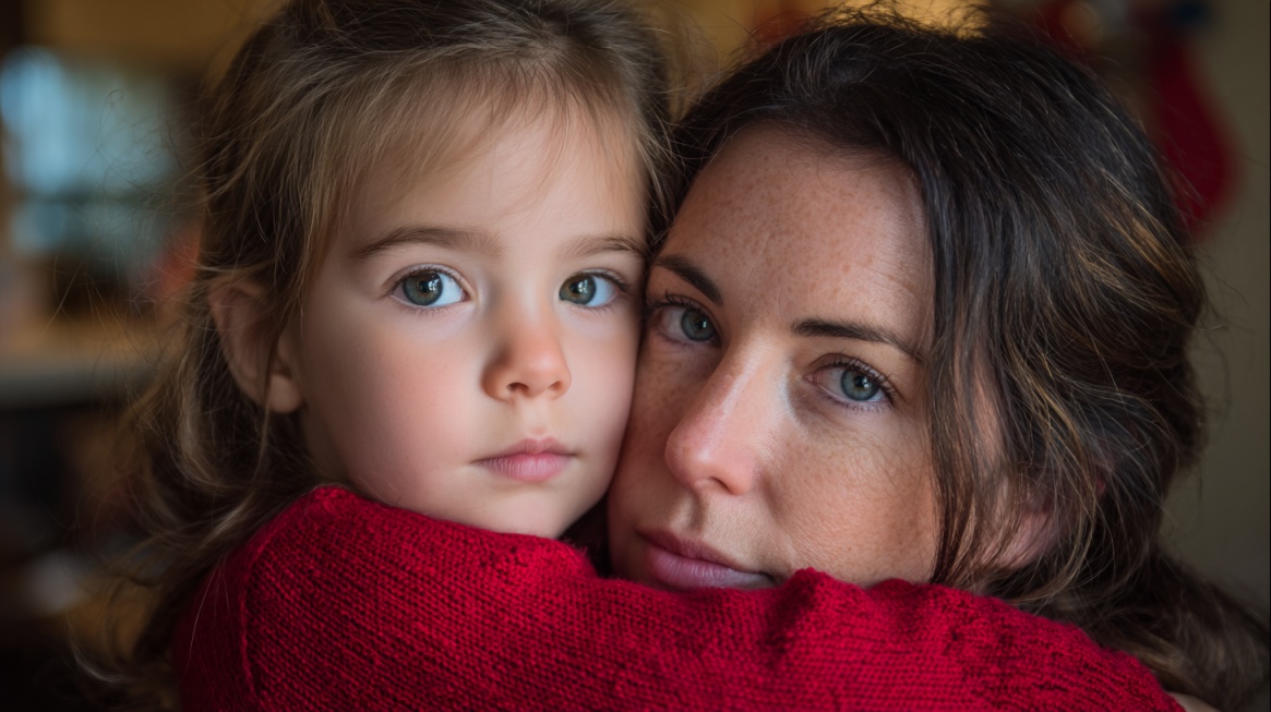 Mother holding a young child close while looking at the camera