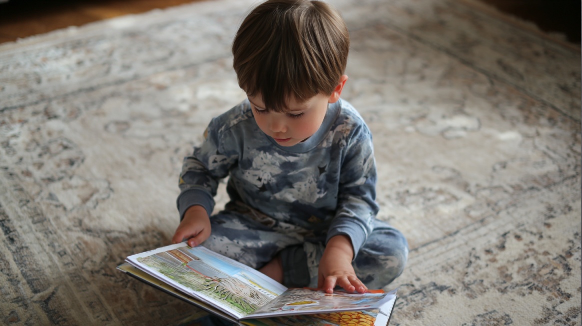 Child sitting on a rug looking down at an open picture book, turning pages and examining illustrations