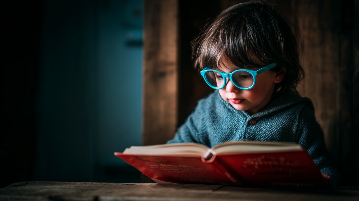 Young child wearing glasses reading a book at a table
