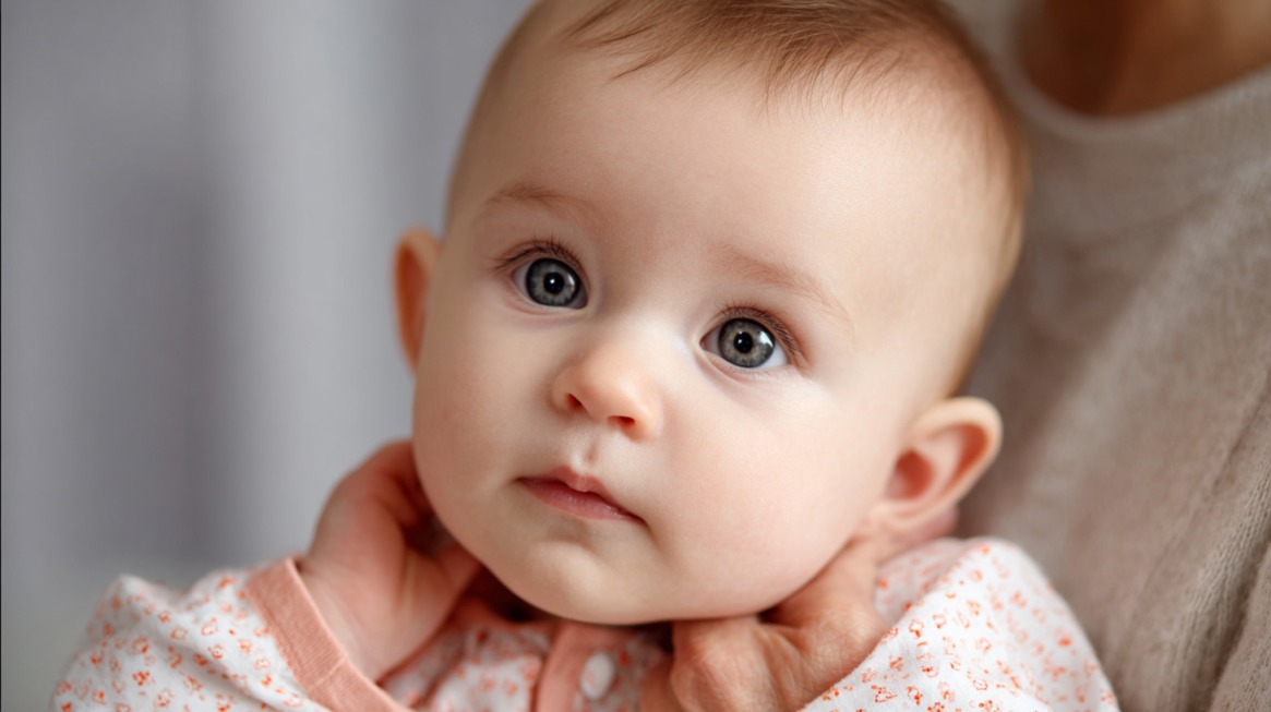 Baby with a slight head tilt while being gently supported