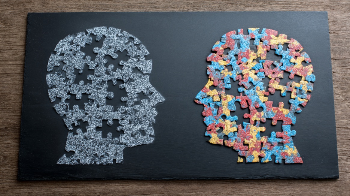 Two head silhouettes made of puzzle pieces one gray and one colorful