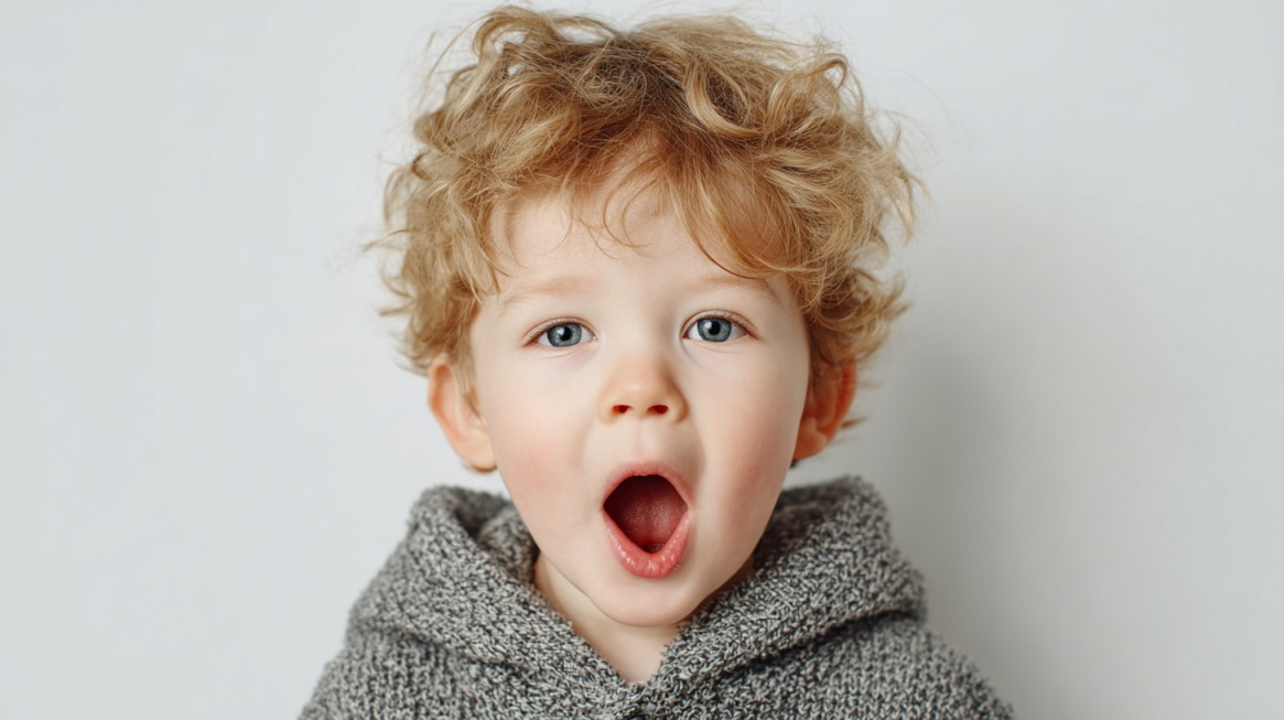Young child with curly hair making an open-mouth expression as if speaking or vocalizing