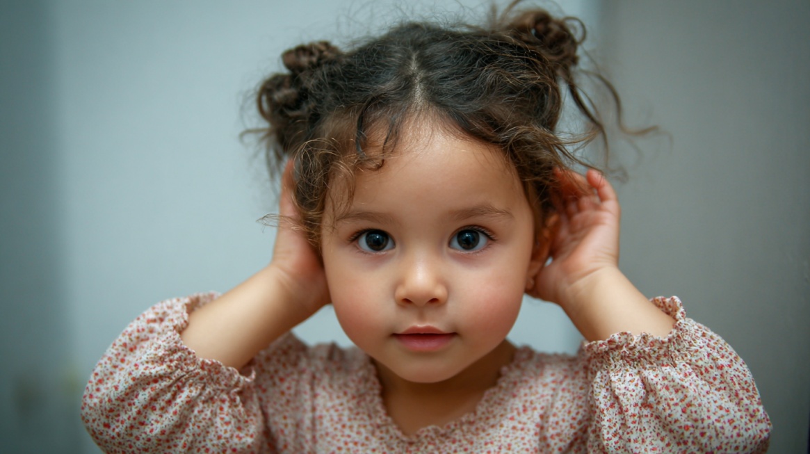 A young child with curly hair holding their ears and looking forward with a calm expression