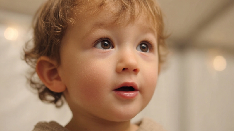 Toddler with open mouth and focused gaze during early speech development