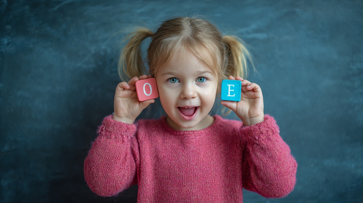 Young child holding letter blocks while practicing early language skills