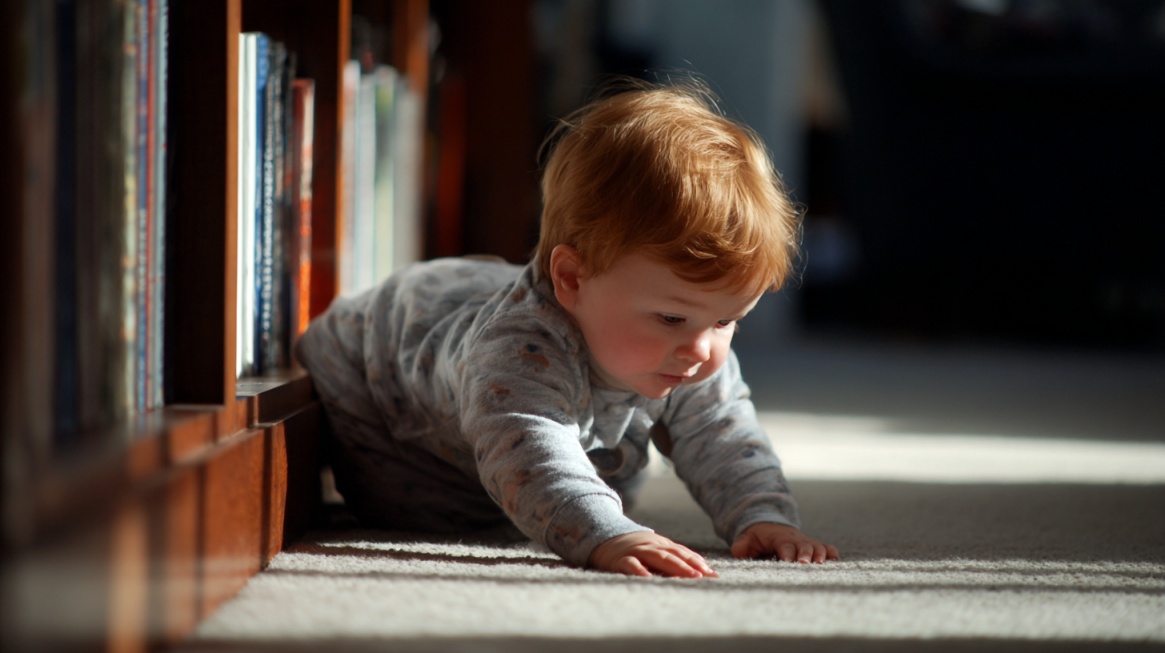 A baby crawling on a carpeted floor near a bookshelf, focused and curious