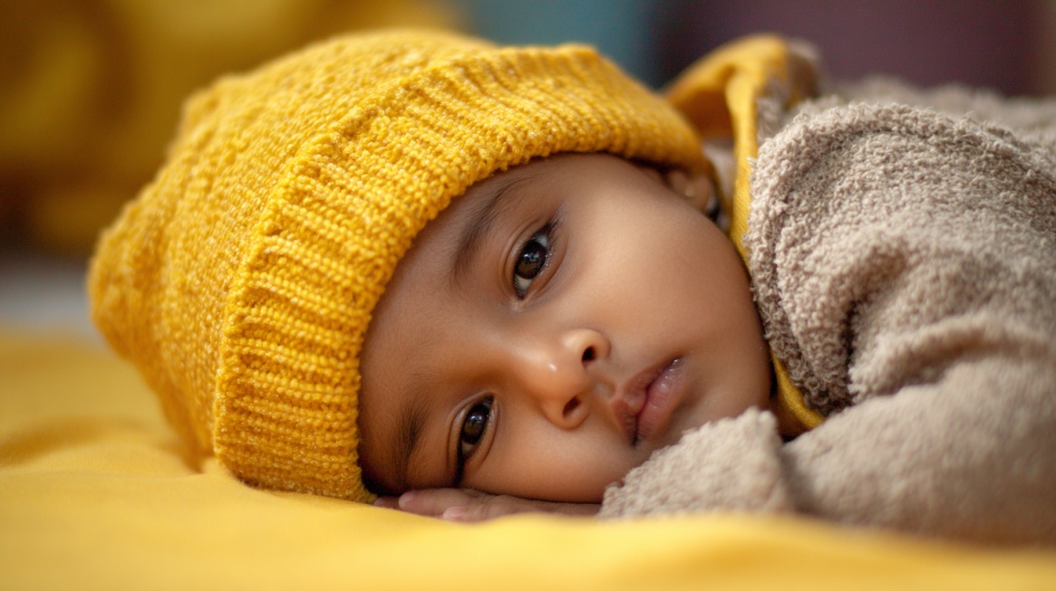 A young child lying down wearing a yellow knit hat and soft clothing, looking calm and relaxed