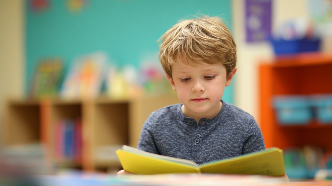 Young child sitting in a classroom reading a book with shelves and colorful materials in the background