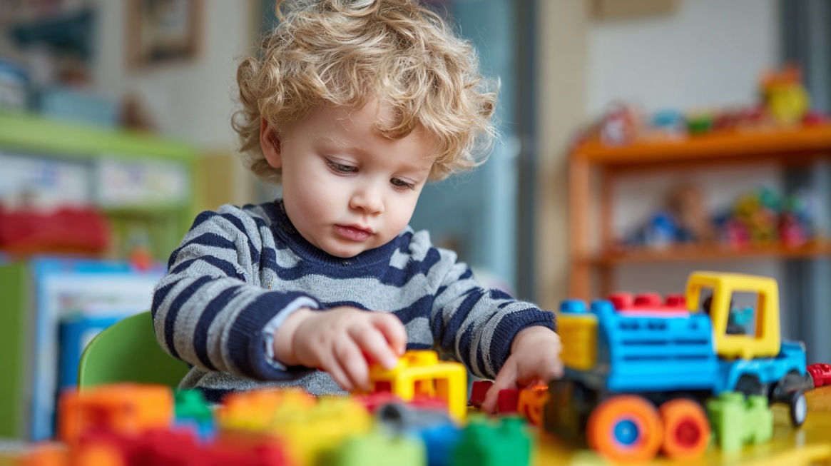 Young child playing with colorful toy blocks and vehicles indoors